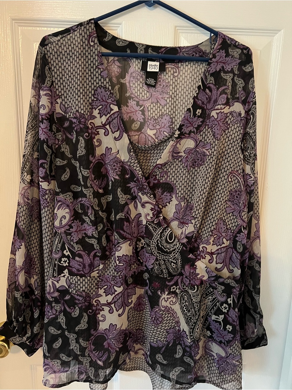 Studio 1940 Black and Purple Paisley Sheer Top with a Sheer Camisole
